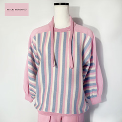 春ニット✿８分袖トップス ピンク×ブルー ストライプ　334 PINK BLUE STRIPE TOPS 1枚目の画像