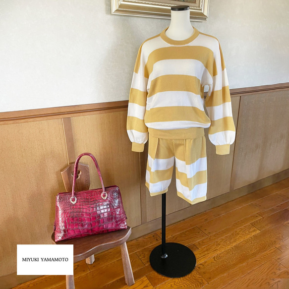 春ニット✿９分袖トップス マスタードイエロー ボーダー　335 MUSTARD YELLOW  STRIPE TOPS 8枚目の画像