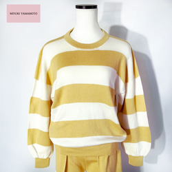 春ニット✿９分袖トップス マスタードイエロー ボーダー　335 MUSTARD YELLOW  STRIPE TOPS 1枚目の画像