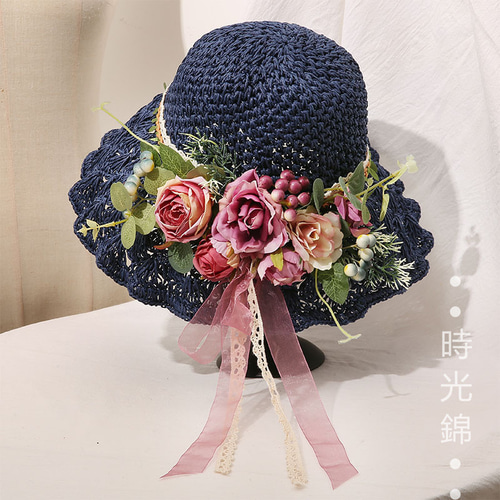 手編み バラ 花 麦わら帽子 ハンドメイド帽子 ハット 時光錦 通販