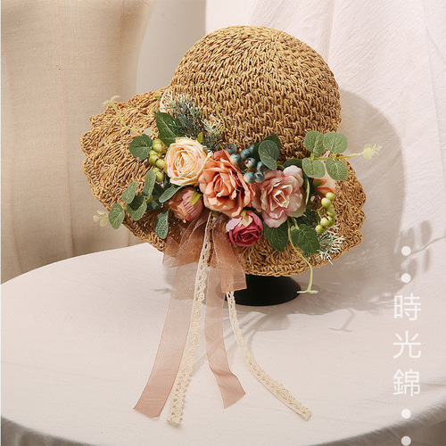 手編み バラ 花 麦わら帽子 ハンドメイド帽子 ハット 時光錦