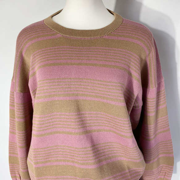 春ニット✿９分袖トップス ブラウン×ピンク ボーダー　336 BROWN PINK STRIPE TOPS 5枚目の画像