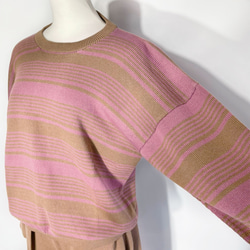 春ニット✿９分袖トップス ブラウン×ピンク ボーダー　336 BROWN PINK STRIPE TOPS 6枚目の画像