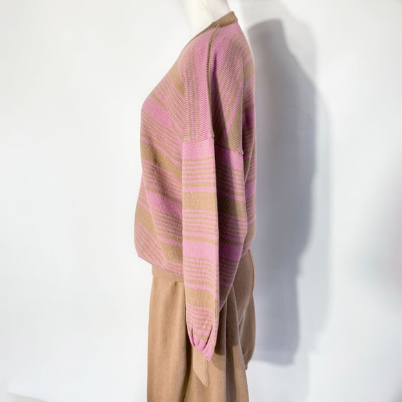 春ニット✿９分袖トップス ブラウン×ピンク ボーダー　336 BROWN PINK STRIPE TOPS 2枚目の画像