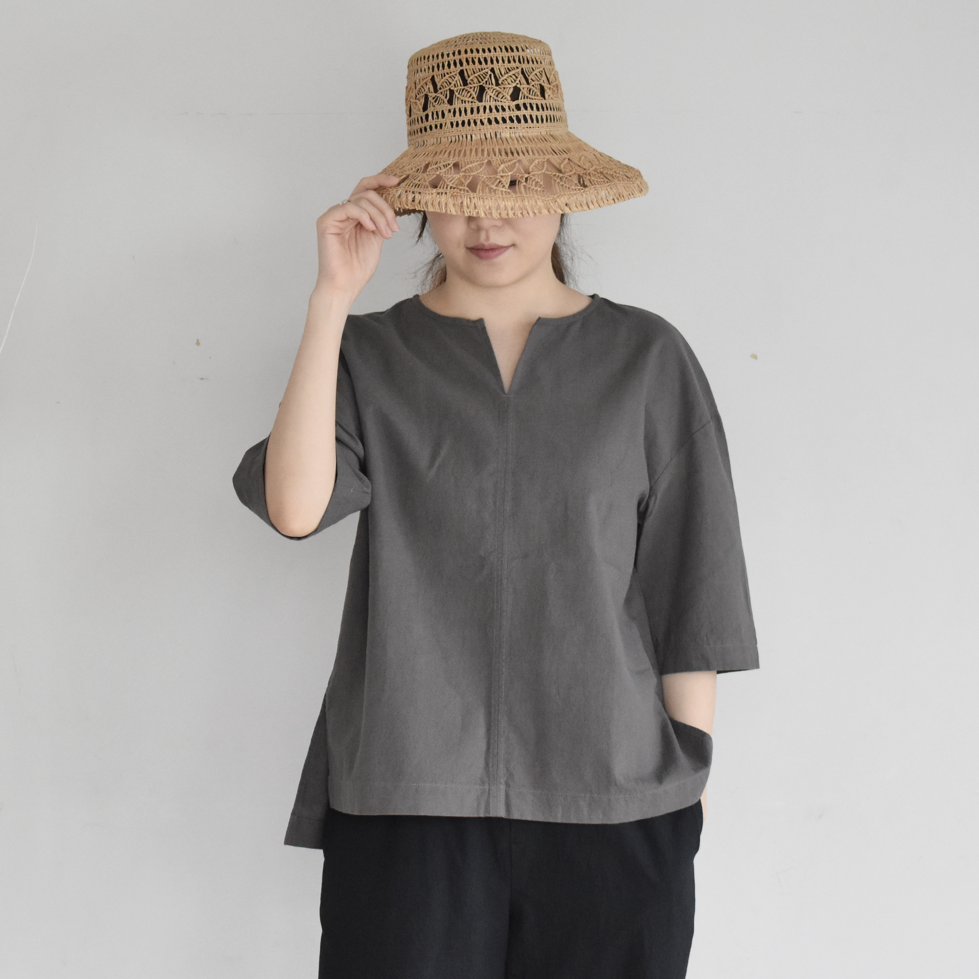 コットンリネンTシャツ・ダブグレー