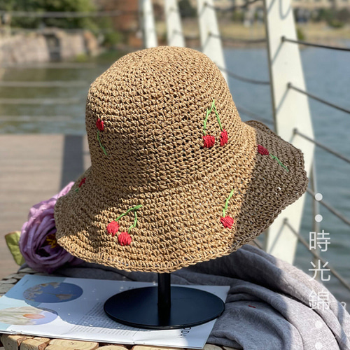 ハンドメイド 手編み さくらんぼ麦わら帽子 ハット 時光錦 通販