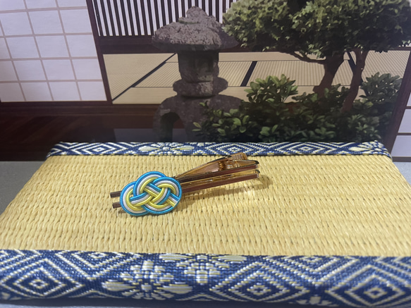 日本の伝統文化水引タイピン＊カフス(水白黄色) 2枚目の画像