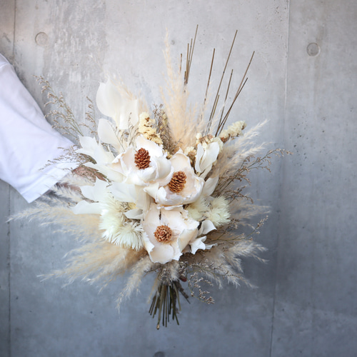 ドライフラワーブライダルブーケ ホワイトグリーン パームフラワー