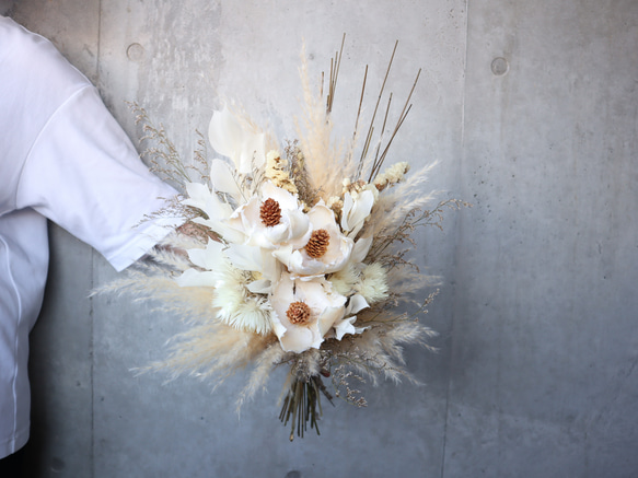 ドライフラワーブライダルブーケ　ホワイトグリーン　パームフラワークラシカル ドライフラワーブライダルブーケ クラシカルホワイト パームフラワー