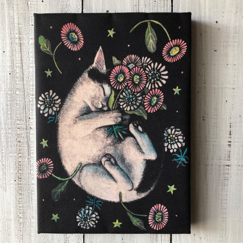 絵画 。壁掛け絵原画手描き【橘猫と黒猫のデートの甘い夕食】