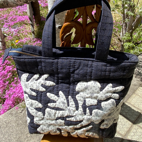 ハワイアンキルト☆ハイビスカスのトートバック トートバッグ ゆめ工房 