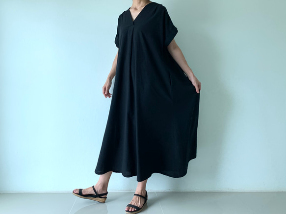【美品】ルフィル　コットン100％フレンチスリーブワンピース　黒　マキシ丈 美品】ルフィル コットン100％フレンチスリーブワンピース 黒