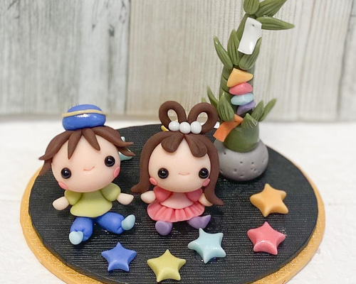 ガラス細工 織姫と彦星（笹舟付）七夕 ミニチュア 雑貨 置物