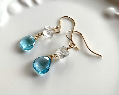 14kgfゴールド スイスブルートパーズとハーキマーダイヤモンドのピアス