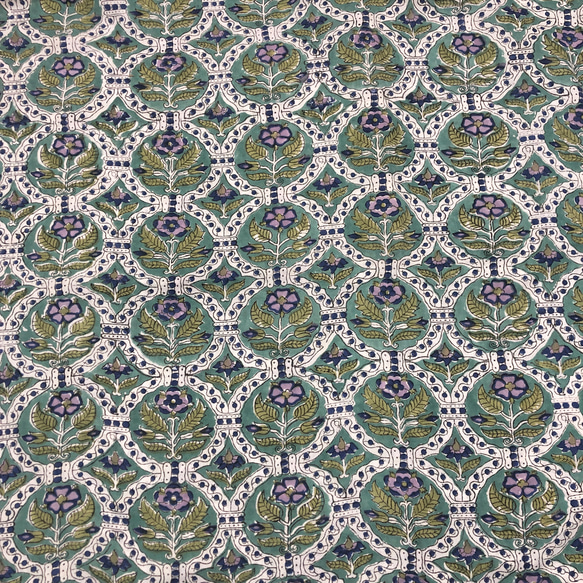 【50cm単位】グリーンパターン インドハンドブロックプリント生地　テキスタイル　コットン 4枚目の画像