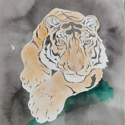 【国内正規総代理店アイテム】 原画】虎の切り絵・水墨風（229×335mm） 切り絵 通販 すがた 絵画