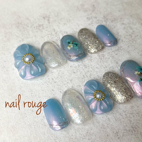 サイズオーダー】ぷっくりフラワーネイルネイルチップ くすみブルー