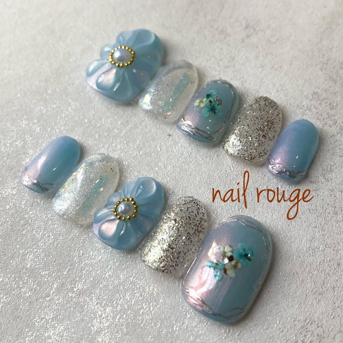 ネイルチップ #02 ブルーグレー マーブル ぷっくりフラワーネイル