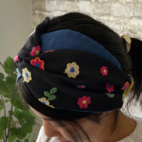 ＊handmade＊チュールターバン ヘアバンド  /209.210.211 チュール菊花】インド刺繍リボンでつくるクロスターバン（ヘア