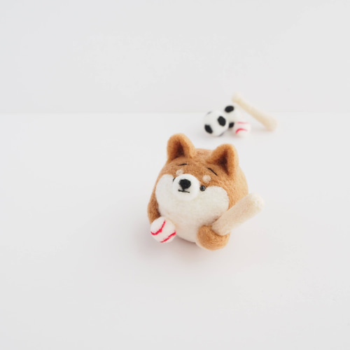 受注製作】 まゆ柴犬と野球(赤柴・黒柴・白柴) 羊毛フェルト