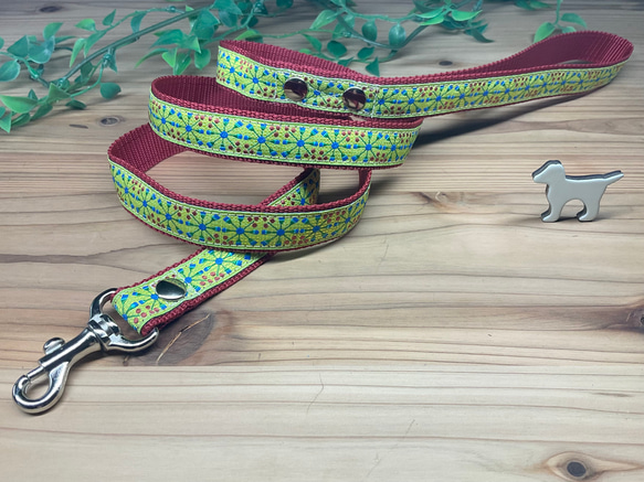 犬　首輪&リードセット　USAリボン　ライトグリーン　ワインレッド　アリウム 2枚目の画像