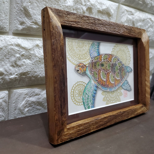 原画 カメ 亀 かめ フルイドアート パネル ポーリングアート 一点もの 希少 原画 1点もの 額装付き ボールペン画 日本人作家 ウミガメ 海亀 カメ