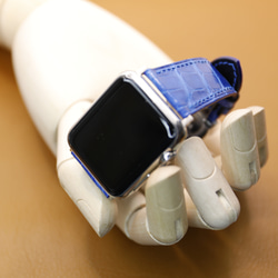 【新作】高級革使用Apple Watch クロコダイル革 ワニ革 バンド 時計ベルト ブルーD100総手縫い製作 6枚目の画像