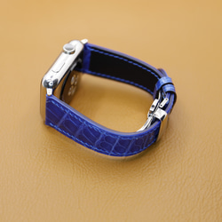 【新作】高級革使用Apple Watch クロコダイル革 ワニ革 バンド 時計ベルト ブルーD100総手縫い製作 4枚目の画像