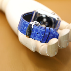 【新作】高級革使用Apple Watch クロコダイル革 ワニ革 バンド 時計ベルト ブルーD100総手縫い製作 1枚目の画像