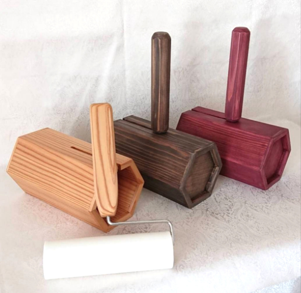 木製ハンドルの粘着ローラー＆木製ケース(ダークブラウン)