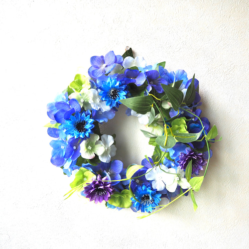 涼風あじさいと矢車草のリース 30cm アーティフィシャルフラワー 青  