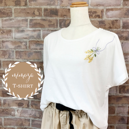 ミモザ手刺繍のドルマン半袖Tシャツ 綿春夏レディース 女性