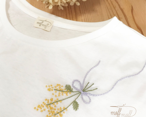 ミモザ手刺繍のドルマン半袖Tシャツ 綿春夏レディース 女性