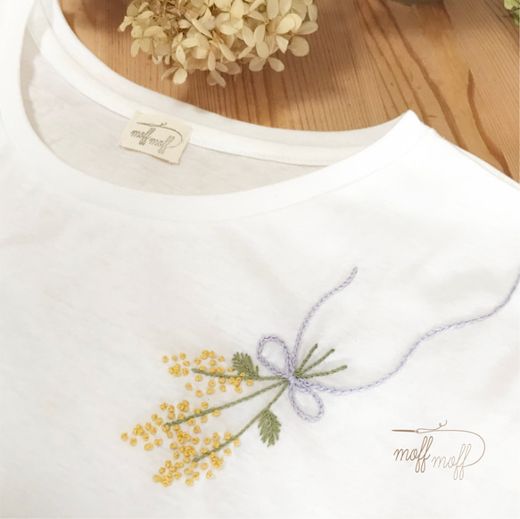 ミモザ手刺繍のドルマン半袖Tシャツ 綿春夏レディース 女性