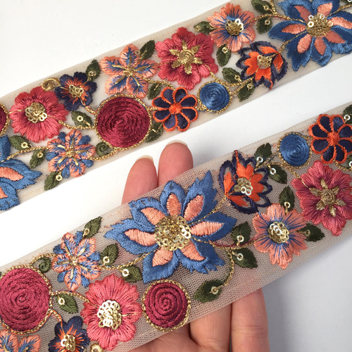 刺繍リボン 59cmカット】インド刺繍リボン ブルーxピンク ネット SN312