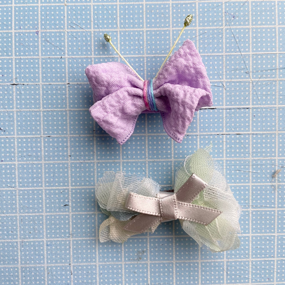 new 紫ふんわり蝶々&チュールリボン  ベビーヘアクリップ  セット 4枚目の画像