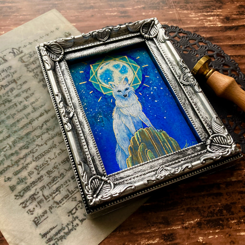 月とオオカミの絵画 満月 /インテリアアート 月の絵 星 狼 おしゃれ