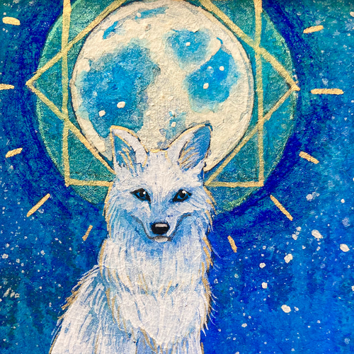 月とオオカミの絵画 満月 /インテリアアート 月の絵 星 狼 おしゃれ