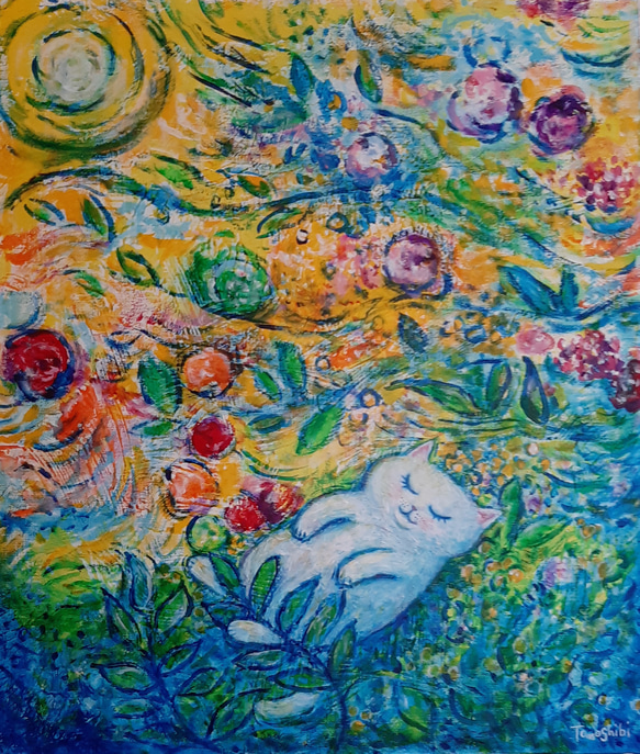 絵画。原画【かわいい白い猫が夜に梯子を登って光る星を集める】 絵画。原画【かわいい白い猫が夜に梯子を登って光る星を集める】