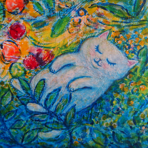 けい様用　自作絵画　青い車でどこへ行こう　猫とうさぎの絵　夜空のラベンダー畑の猫 けい様用 自作絵画 青い車でどこへ行こう 猫とうさぎの絵