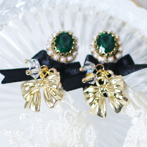 売切 087 シフォンフラワーとドロップパール イヤリング ハンドメイド