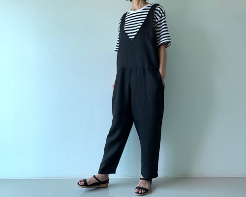 ぴのき　リネンサロペット 7/26再販】□10日内発送□グレイッシュカーキで大人の魅力。「夏
