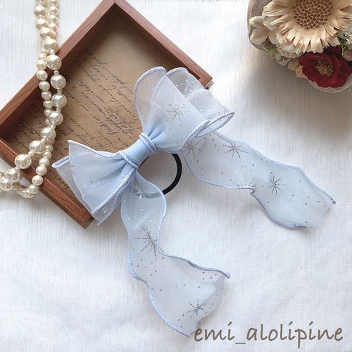 オーガンジー ポニーオー ビックリボン 雪の結晶柄 ヘアゴム