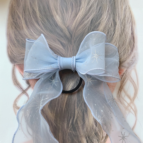 オーガンジ ーリボン ヘアゴム 雪の結晶 2個セット 雪の結晶 リボンヘアゴム スノーフレーク 雪の