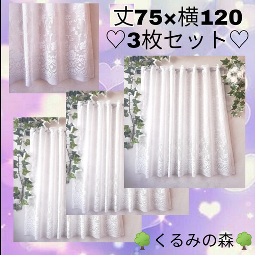 春SALE♥花柄レースのカフェカーテン♡清楚 優雅 目隠し 75×120×3枚 