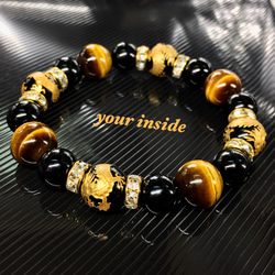 金色 龍彫り オニキス タイガーアイ 天然石ブレスレット ブレスレット
