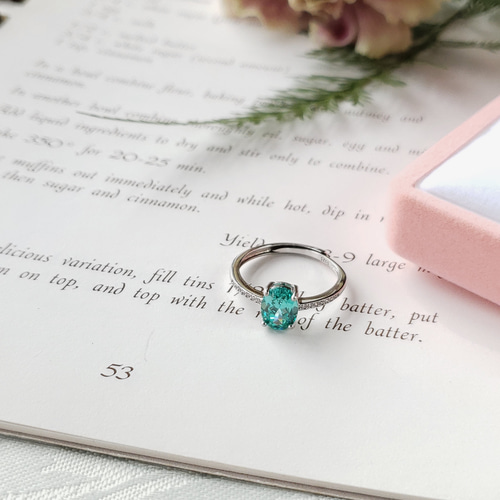 最高級のブルーグリーン パライバトルマリン 一文字リング 8x6mm 他