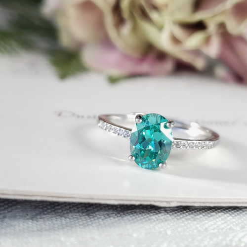 最高級のブルーグリーン パライバトルマリン 一文字リング 8x6mm 他