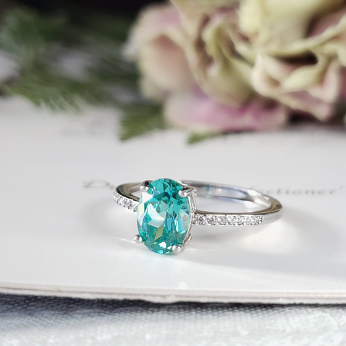 最高級のブルーグリーン パライバトルマリン 一文字リング 8x6mm 他