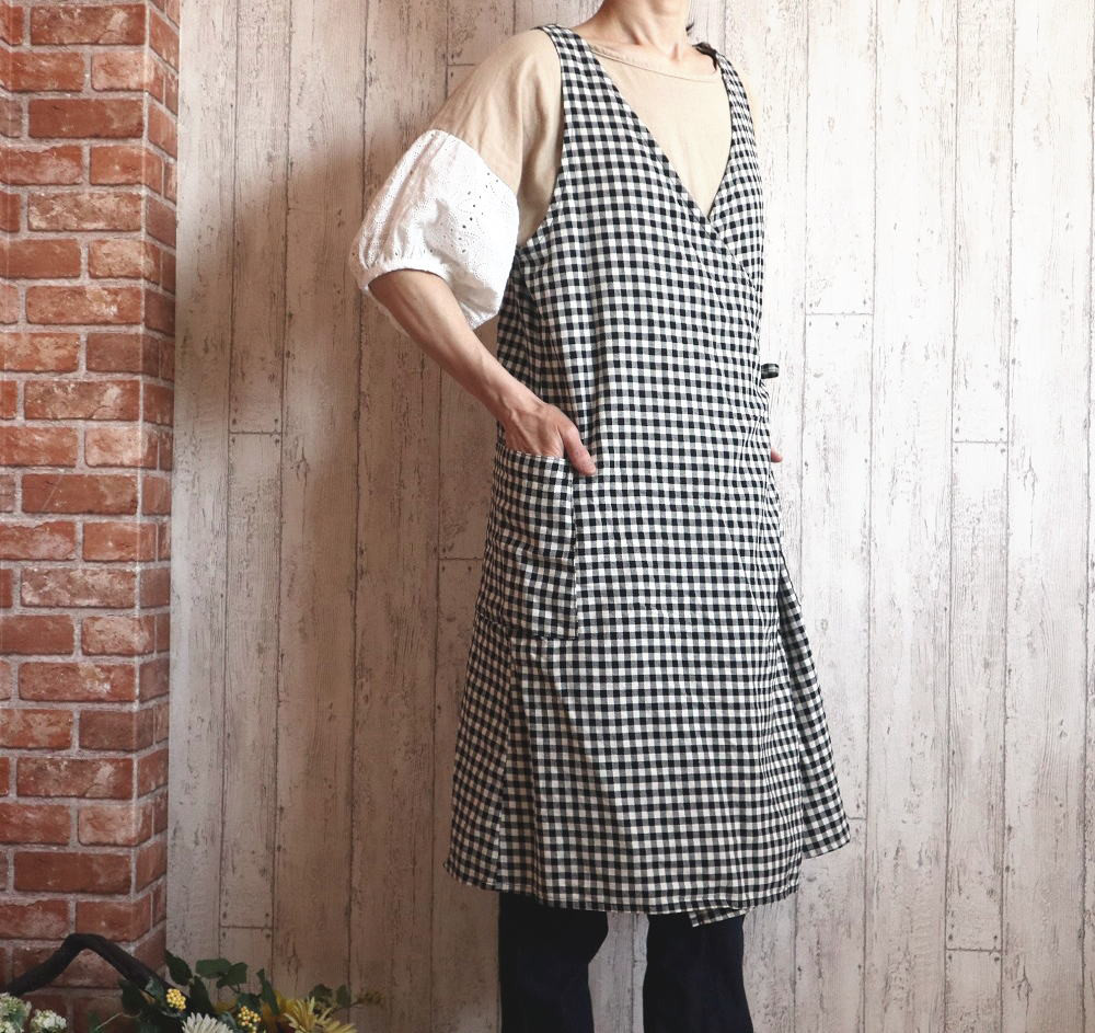 【選べる2サイズM～２L/３L～５L/】カシュクールワンピース【２WAY】コットン黒白ギンガム　プチオーダーもOK